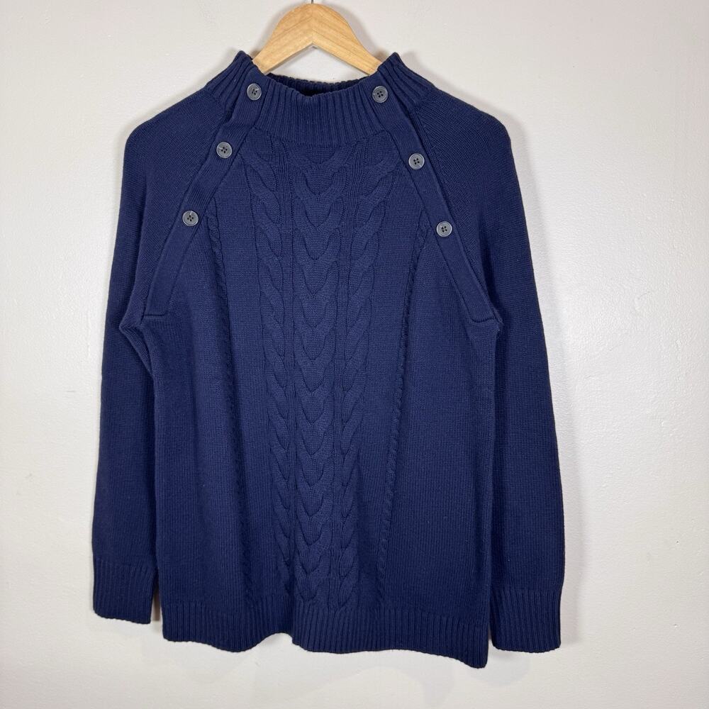 NWT Talbots Womens Cable Knit Sweater M Navy Funnel Neck Nautical Coastal Preppy - Picture 2 of 8
